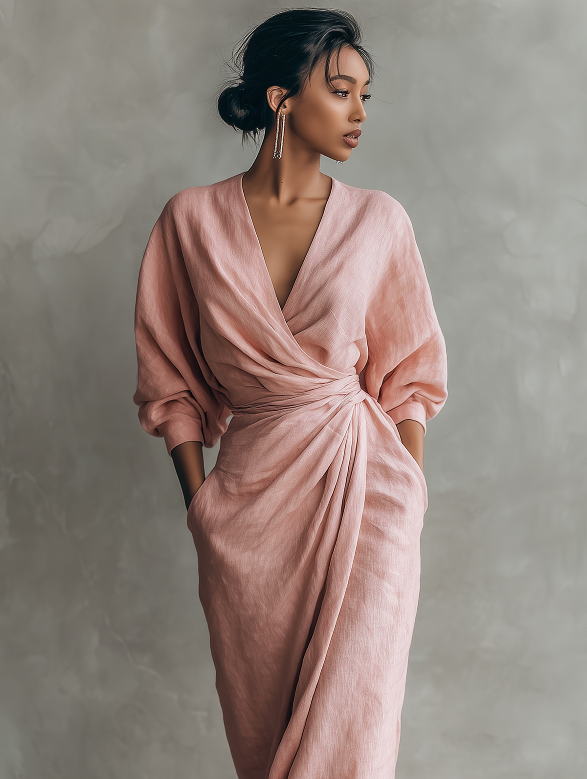 Deep V-Neck Batwing Sleeve Twist Front Draped Linen Maxi Dress 6