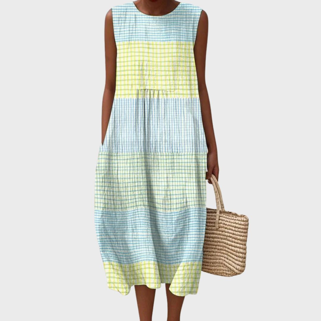 Round Neck Plaid Colorblock Sleeveless Tiered Shift Midi Dress