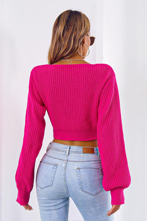 Long Cropped V-Neck Arm Sweater