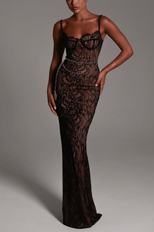 Lace Strappy OffShoulder Maxi Formal Dress