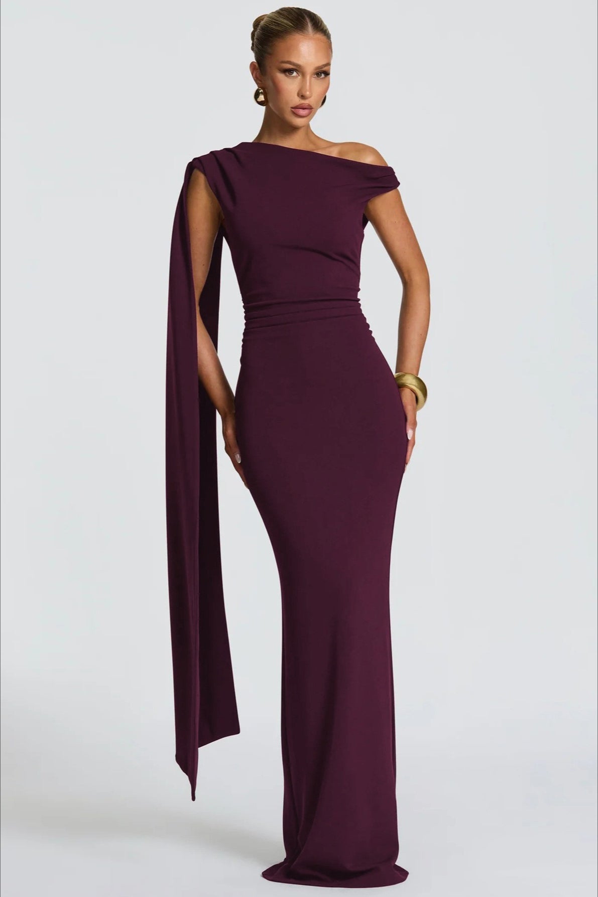 Sexy Asymmetrical Neck Long Sleeve Fitted Ruched High Waist Party Dress