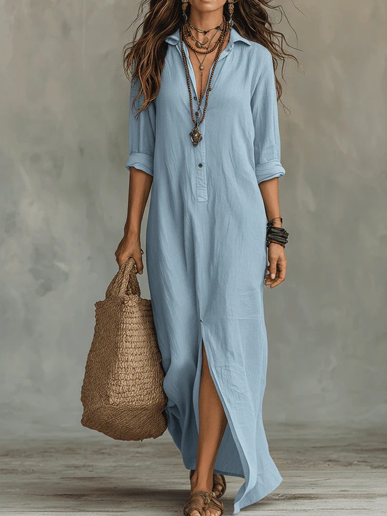 Collared Button Placket Long Sleeve Linen Side Slit Shirt Maxi Dress