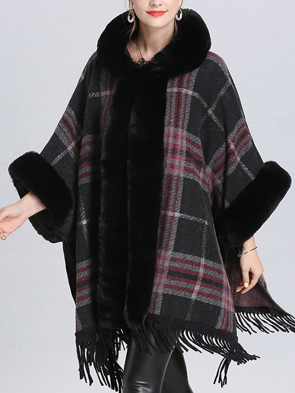 Faux Fur Trim Plaid Tassel Hem Cape Poncho Cardigan