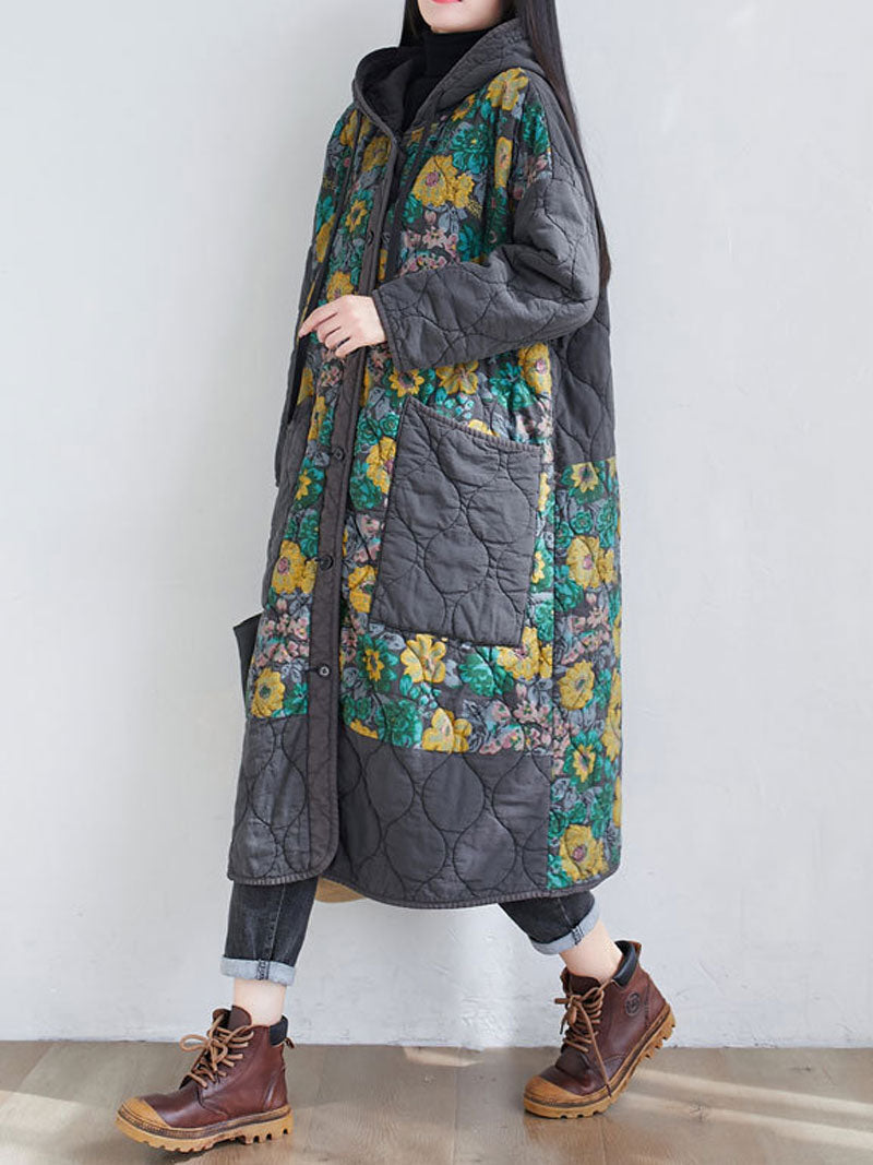 Hooded Floral Patchwork Quilted Longline Coat 4