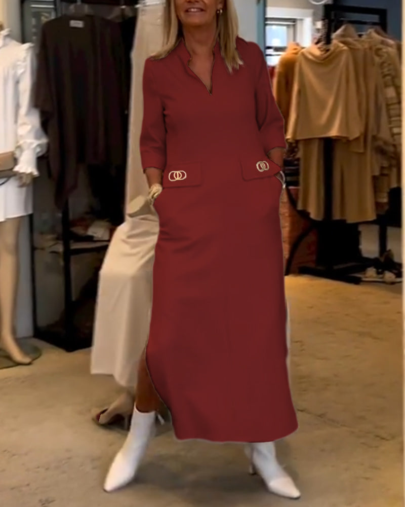 Scarlett Elevated Solid Color Slit Dress with 3/4 Sleeves Everyday Luxe Edit