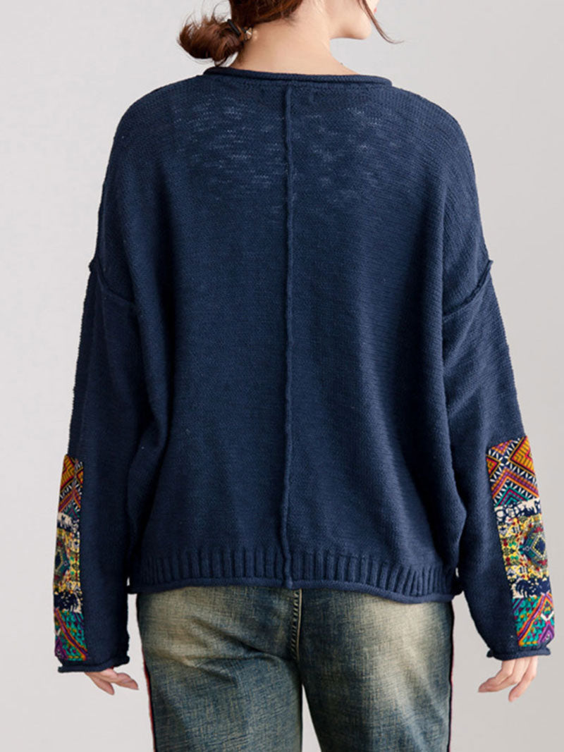 Round Neck Embroidered Sleeve Button Front Knit Cardigan