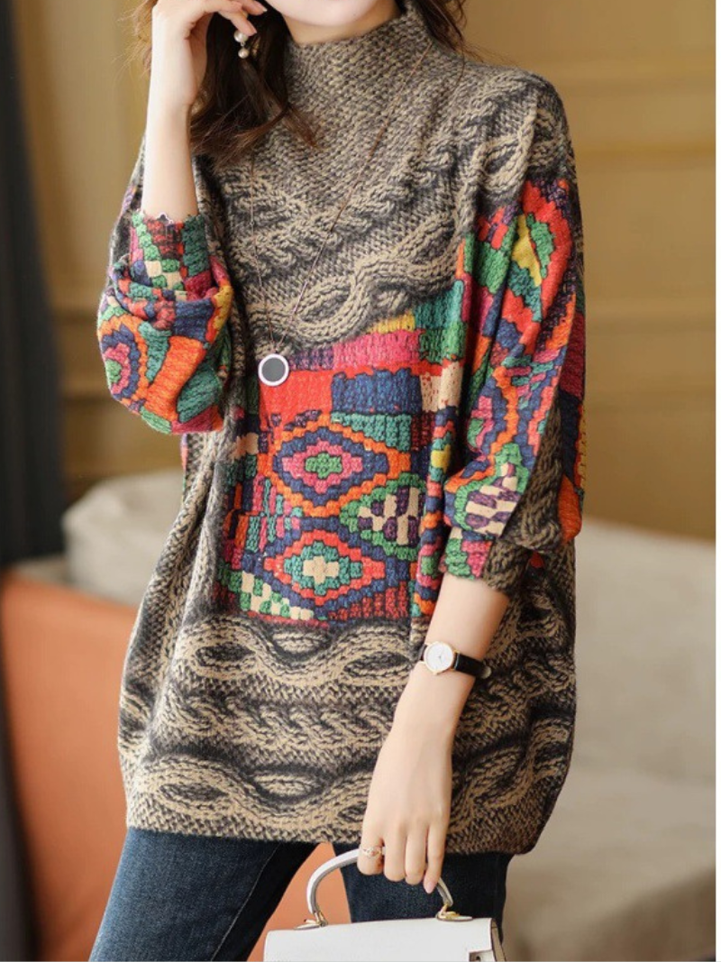 Khaki Mock Neck Geometric Pattern Long Sleeve Loose Knit Sweater
