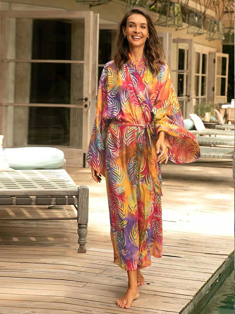 Open Front Abstract Print Belted Long Kimono Robe 14