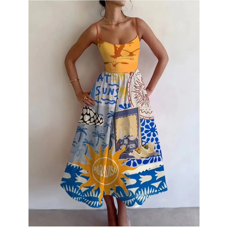 Spaghetti Strap Scoop Neck Sun Graphic Print Flared Midi Dress