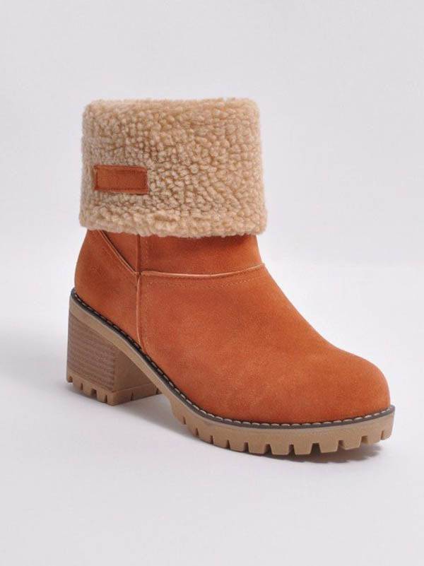 Fur Lined Fold Over Cuff Block Heel Ankle Snow Boots