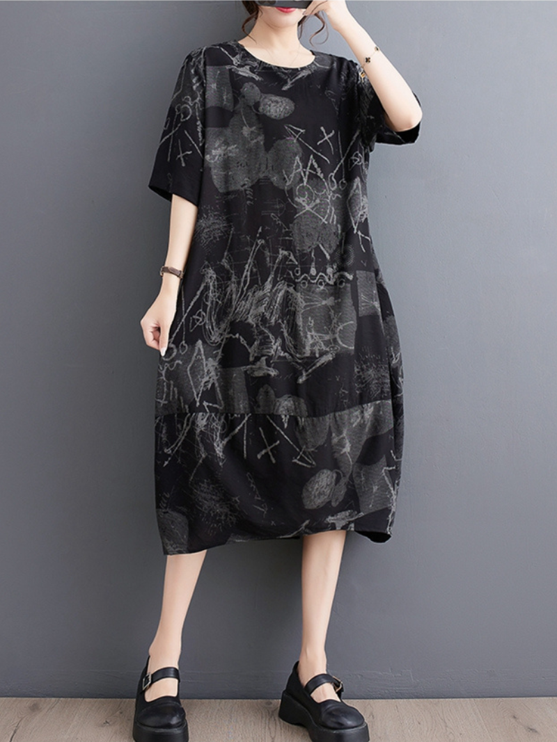 Round Neck Short Sleeve Abstract Ink Print Cocoon Midi Dress 3