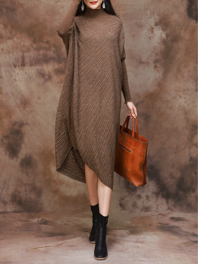 Mock Neck Batwing Sleeve Knit Asymmetric Hem Loose Sweater Dress