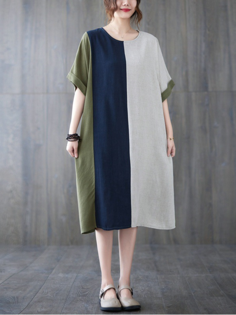 Round Neck Short Sleeve Colorblock Patchwork Cocoon Midi Dress 4