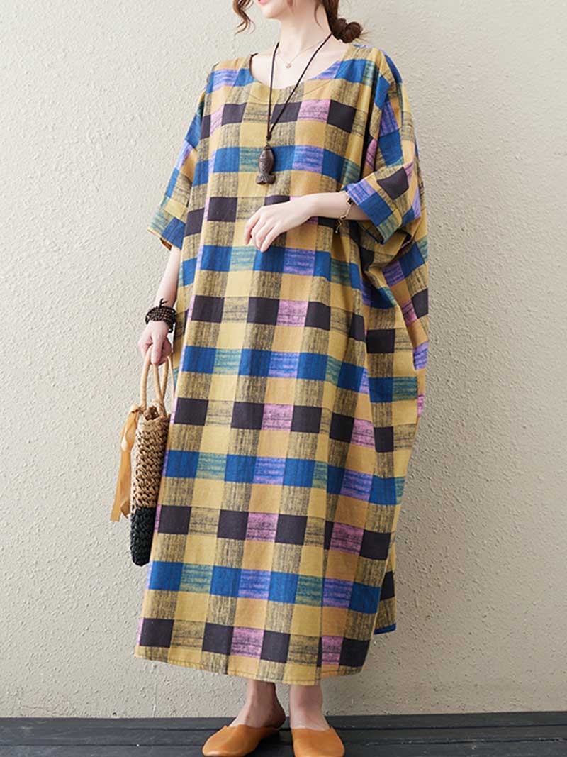 Multicolor Round Neck Plaid Batwing Sleeve Loose Cocoon Maxi Dress