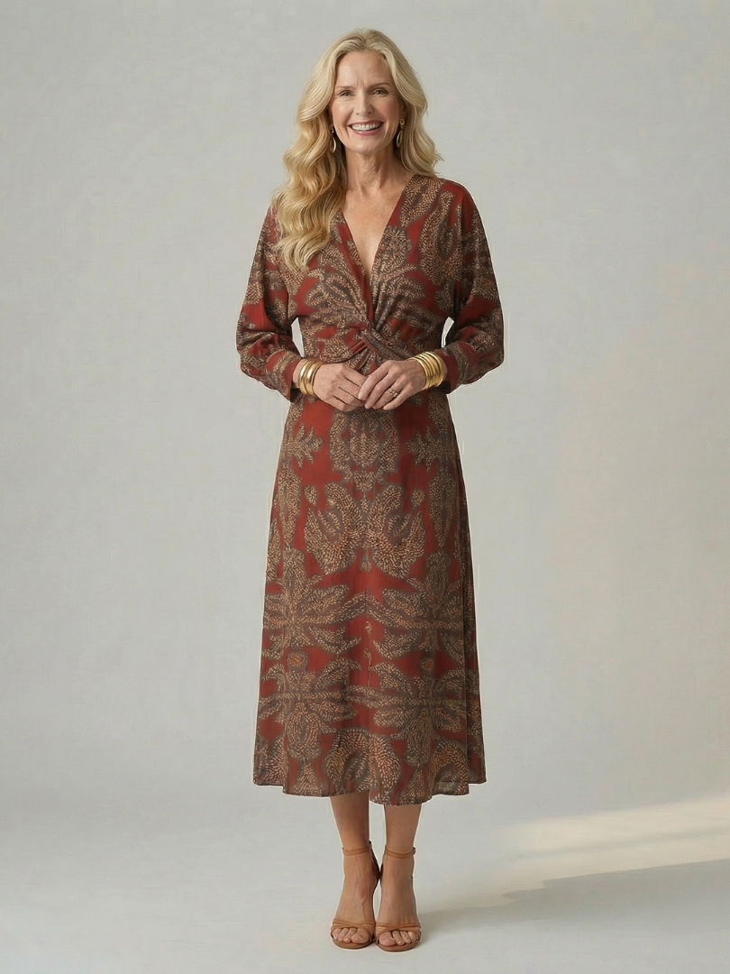 V-Neck Twist Front Long Sleeve Abstract Print Sheath Midi Dress