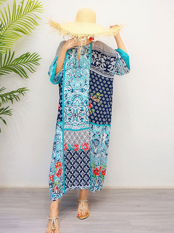 Blue Tie Neck Batwing Sleeve Boho Print Side Slit Kaftan Maxi Dress 2