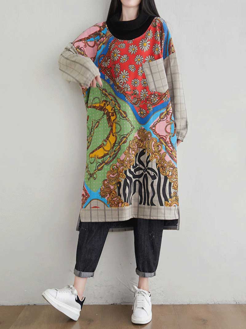 Round Neck Mixed Print Plaid Panel Long Sleeve Shift Midi Dress 7
