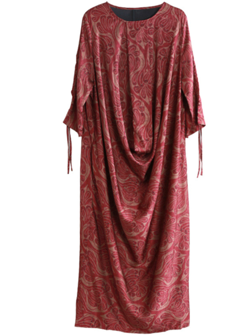 Red/coffee Round Neck Floral Print Drawstring Sleeve Draped Loose Maxi Dress 3