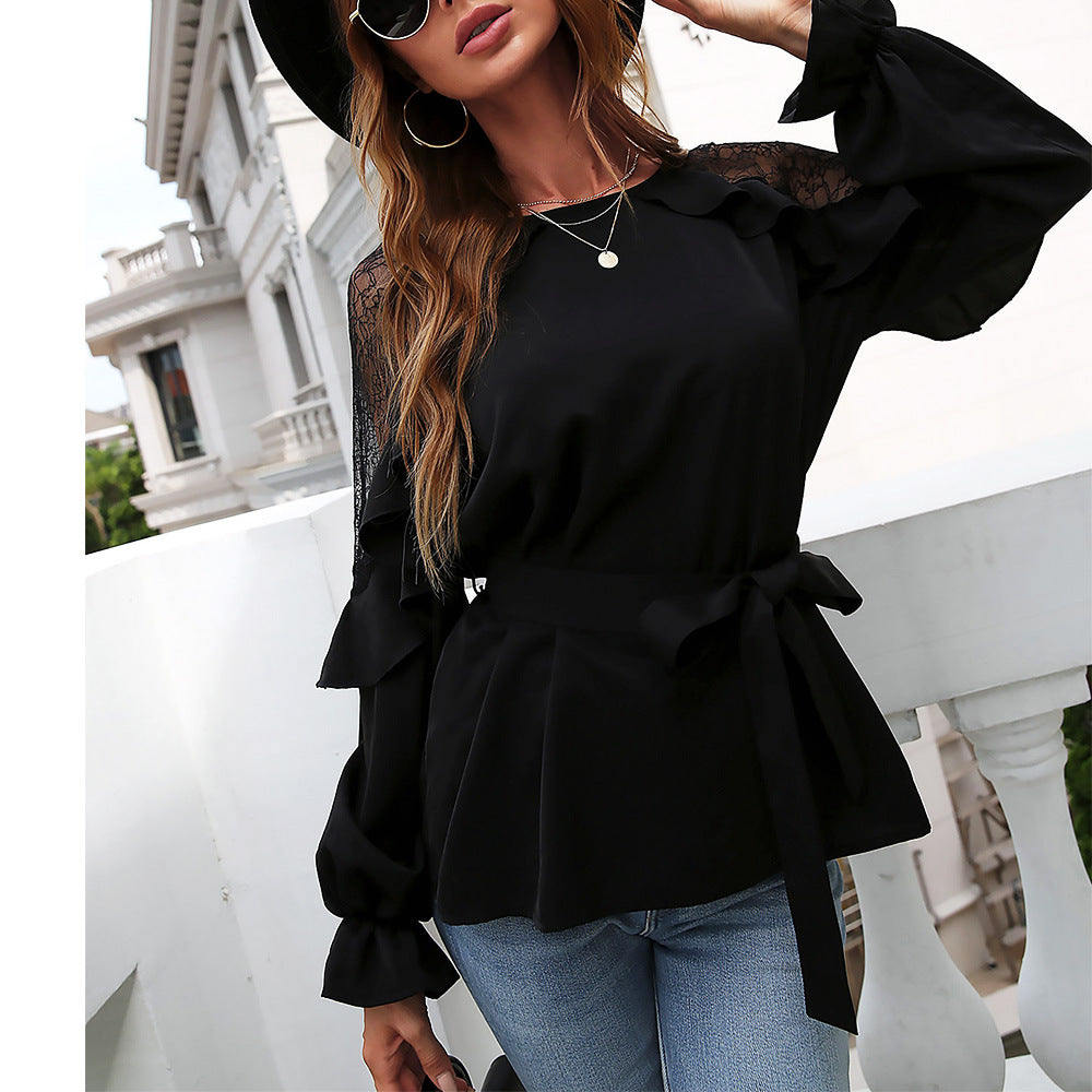 Front Lace Arm Flounce Cap Tie Blouse