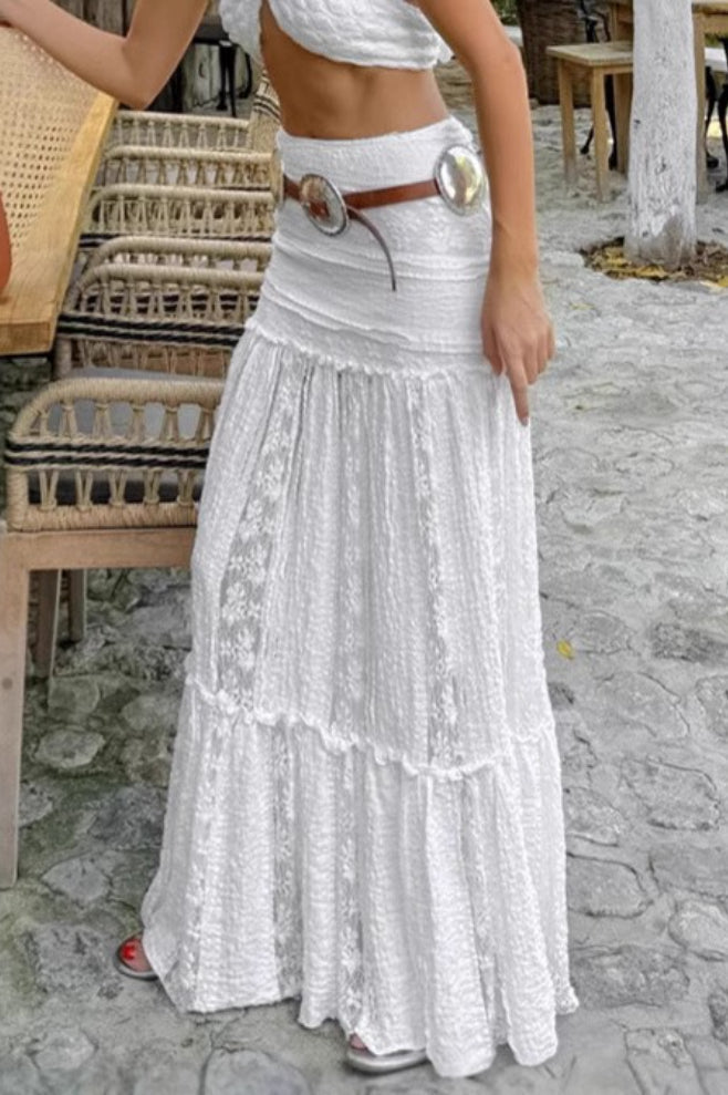 High Waist Lace Tiered A Line Boho Skirt