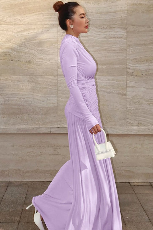 Solid Crew Neck Long Sleeve Ruched Party Dress