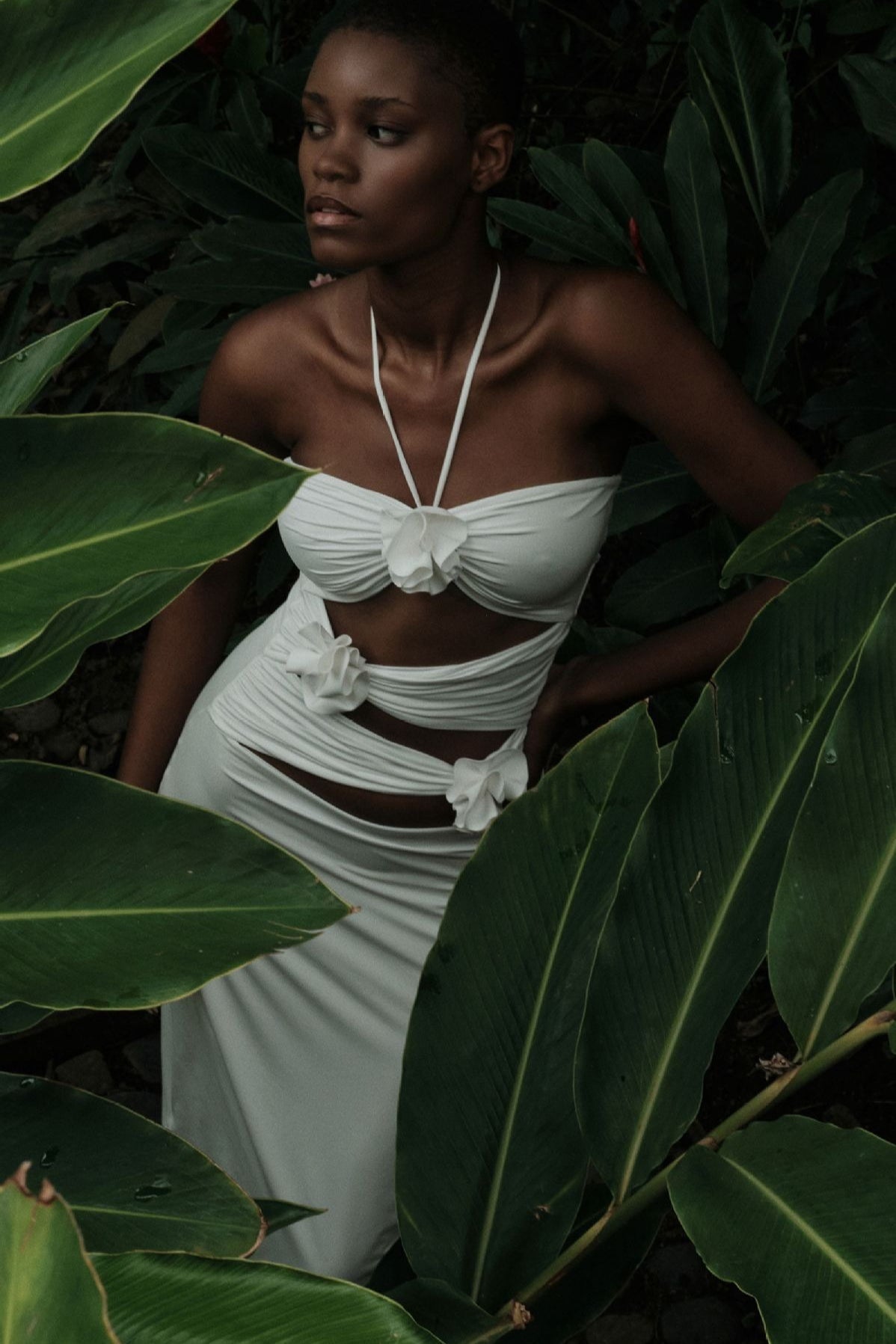 3D Floral Waist Cinch Cutout Halter Maxi Slip Dress