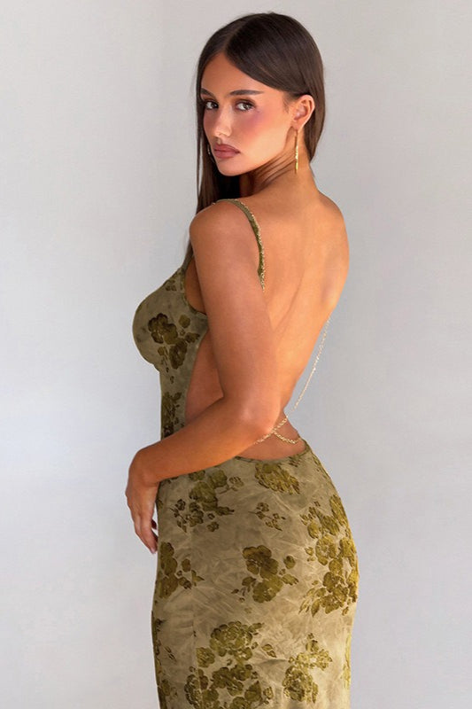 Green Spaghetti Strap Backless Chain Detail Burnout Floral Mesh Maxi Dress