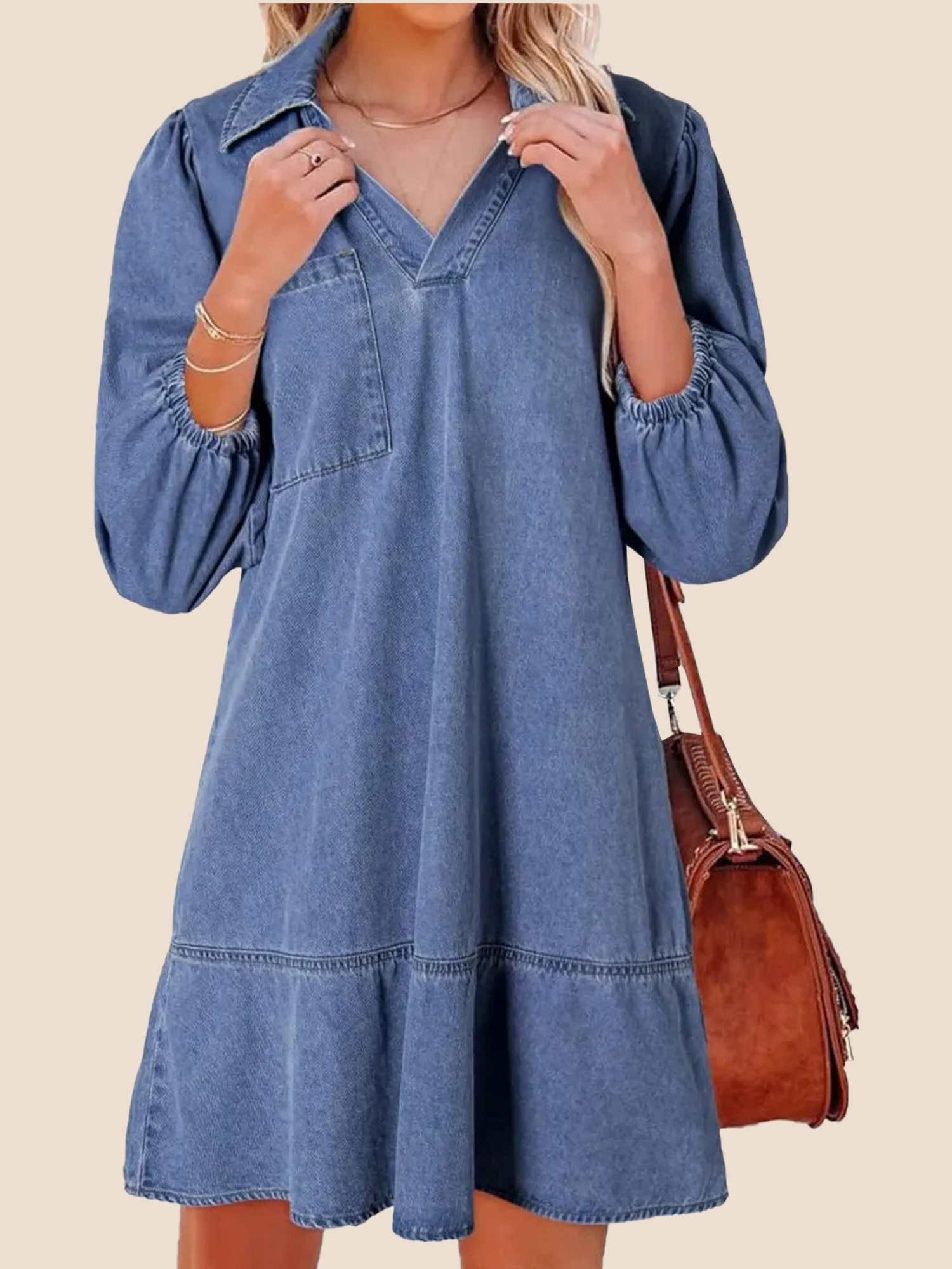 V-Neck Puff Sleeve Denim Layered Dress
