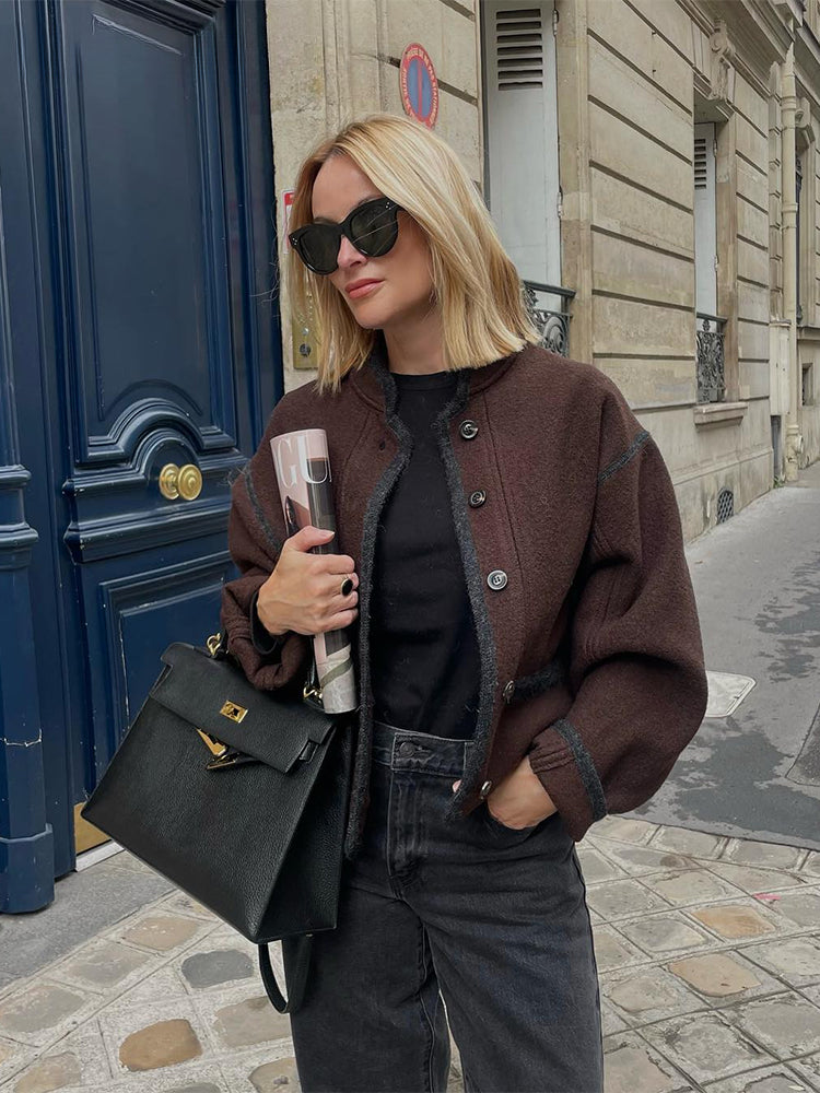 Retro Fall Winter Long Stand Singlebreasted Loose Elegant Office Lady Coat