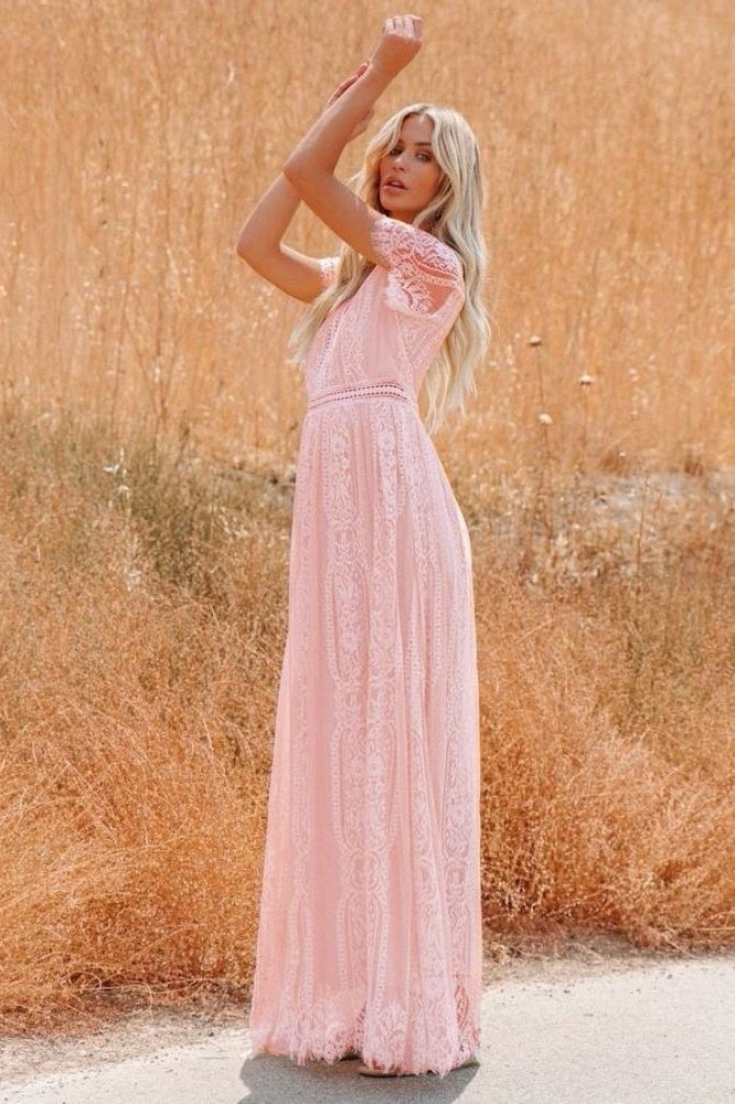 Deep V Neck Lace Cap Sleeve Empire Waist Scalloped Hem Maxi Dress 7