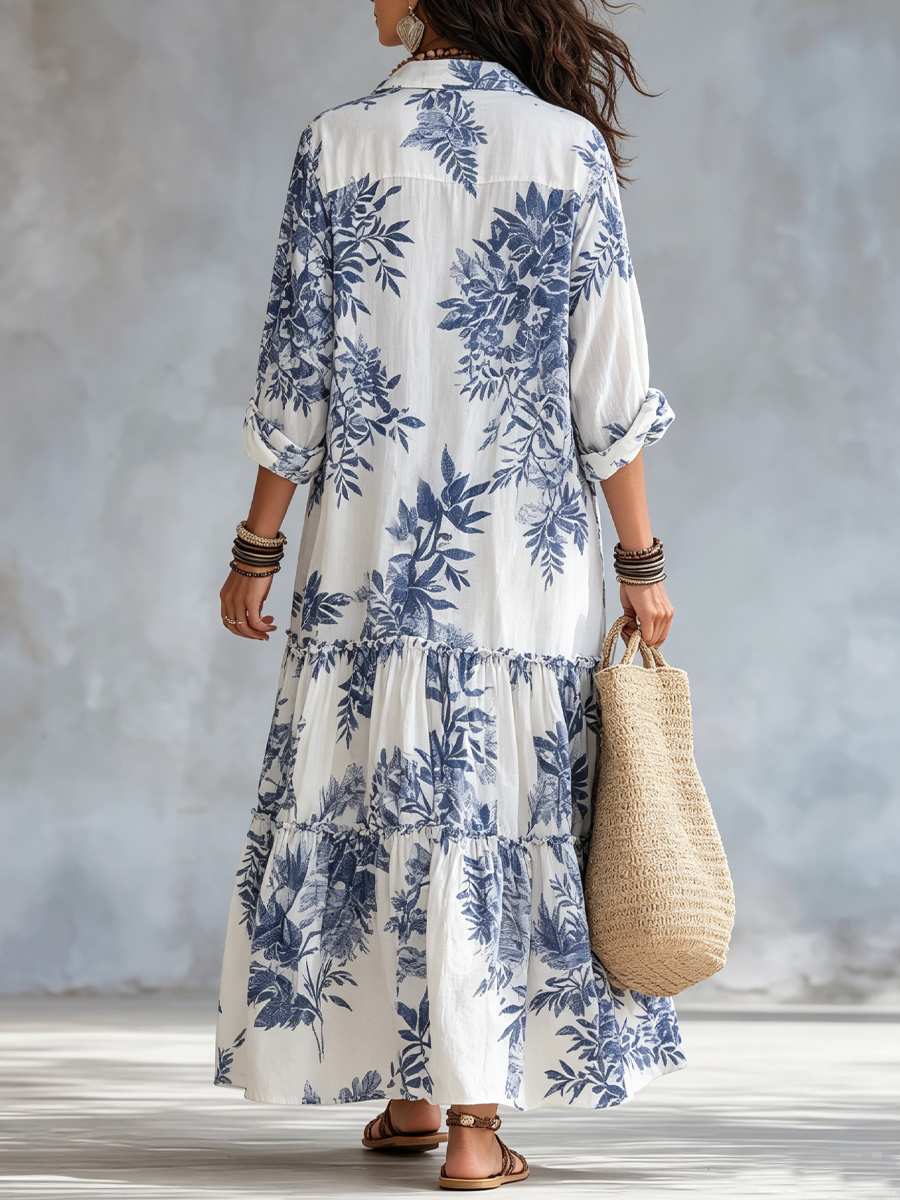 White & Blue Floral Collared Button-Front Floral Long Sleeve Tiered Maxi Dress