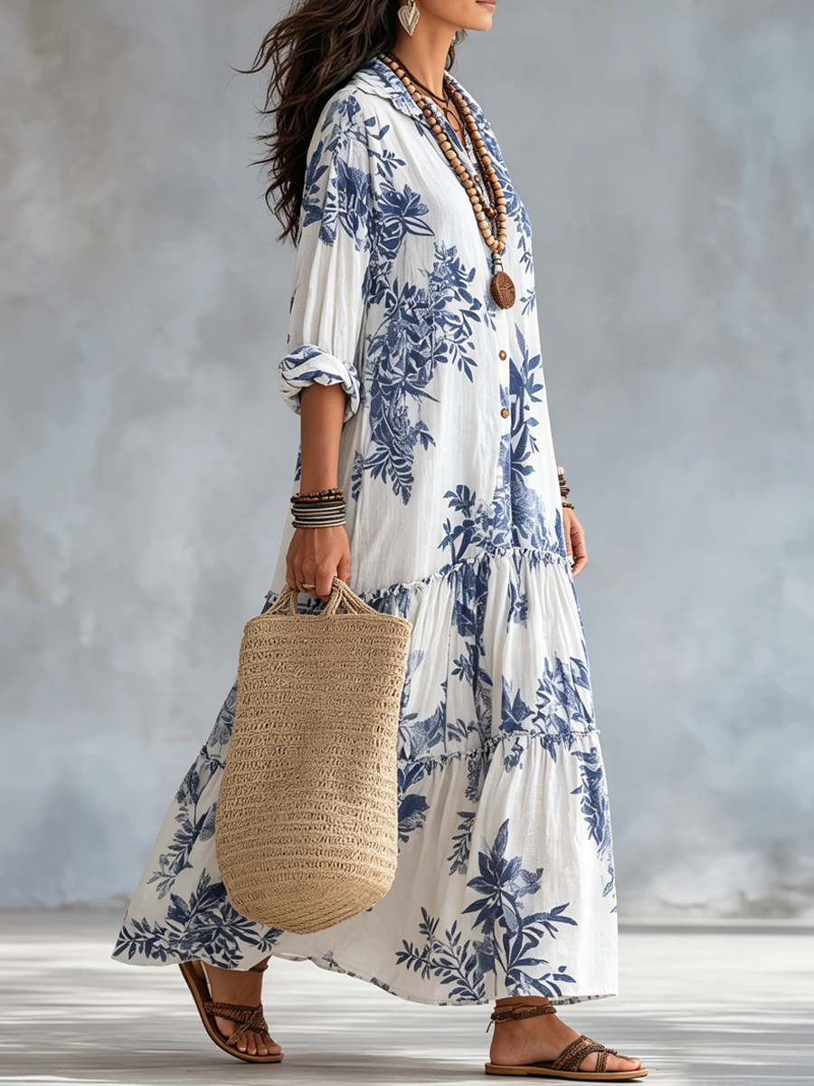 White & Blue Floral Collared Button-Front Floral Long Sleeve Tiered Maxi Dress