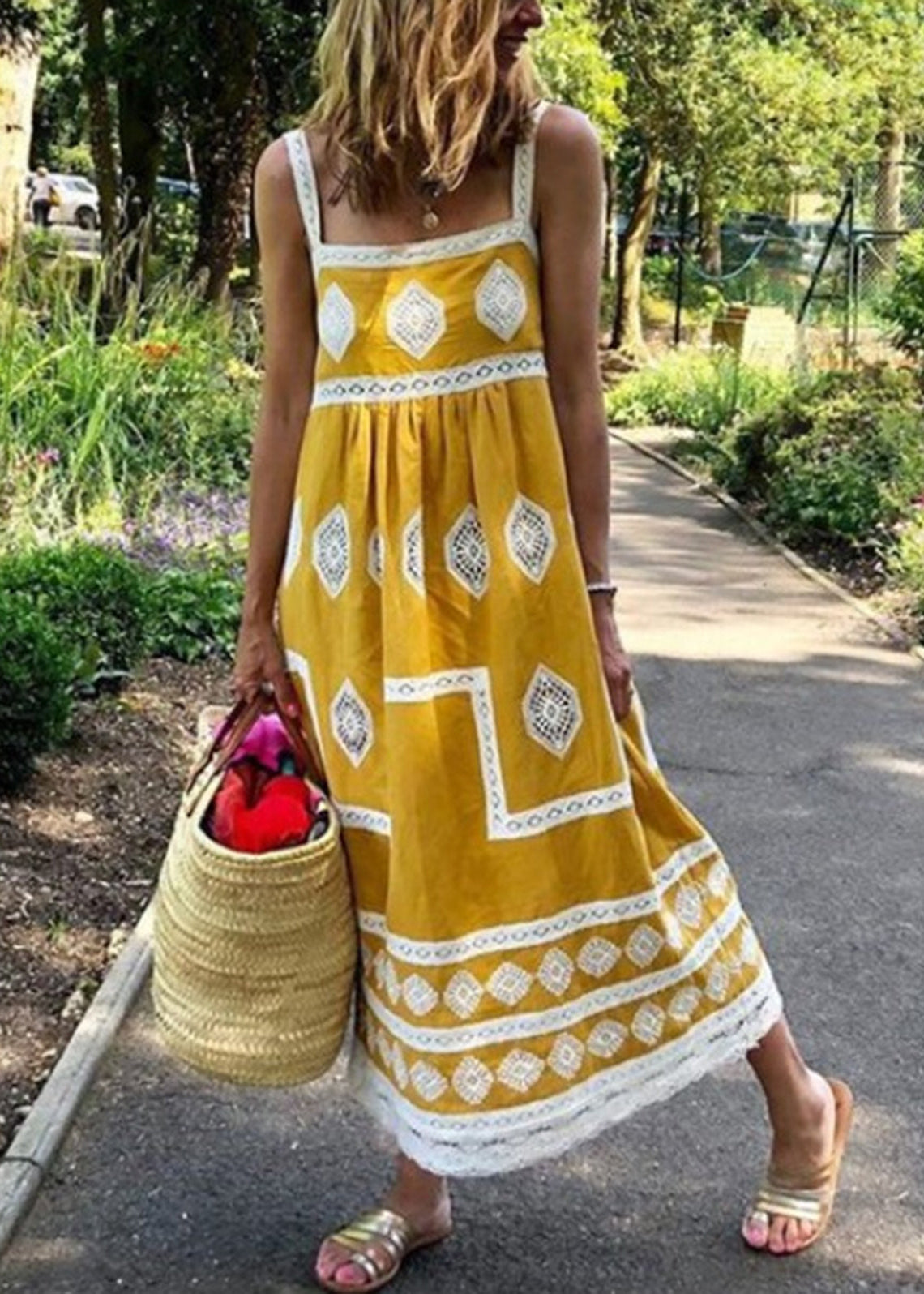Rose Red Square Neck Boho Print Tank Maxi Dress
