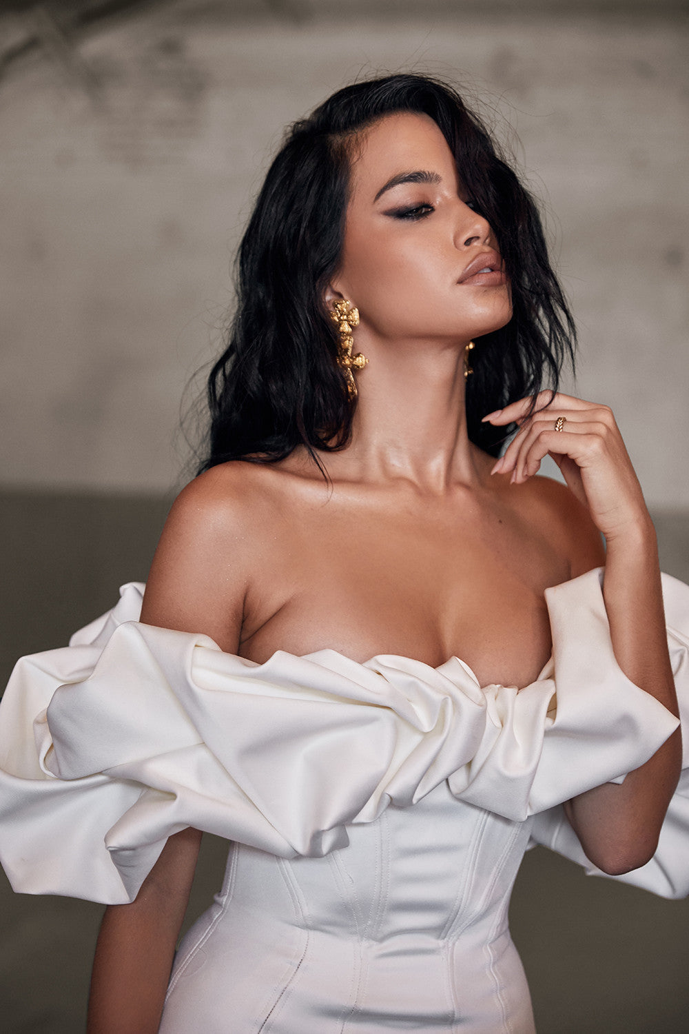 White Off-Shoulder Satin Ruffle Trim Bodycon Mini Dress