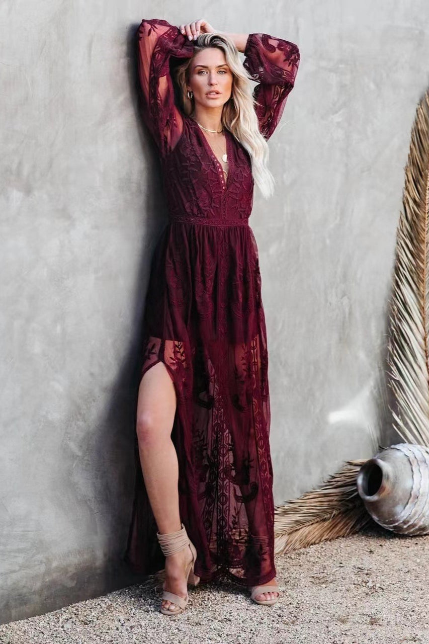 Deep V Neck Long Sleeve Floral Embroidered Mesh High Slit Maxi Dress 7
