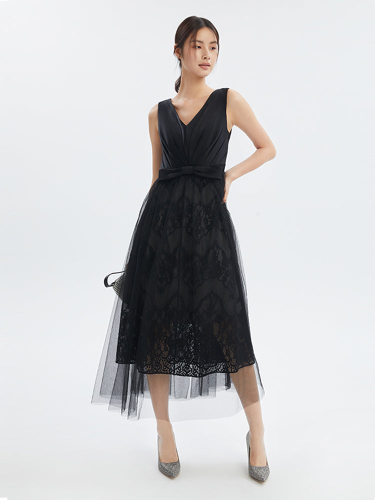 Triacetate V-Neck Gathered Waist Midi Dress