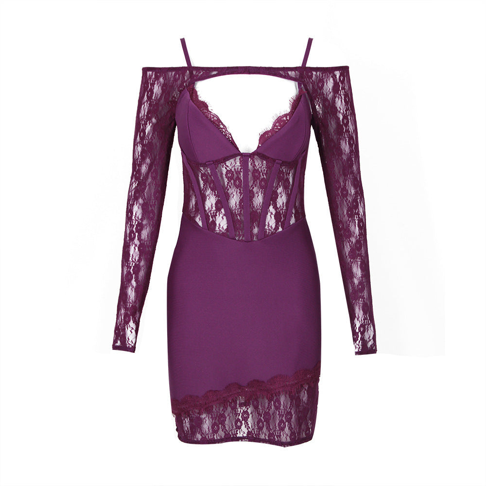 Lace Lace Spaghetti Strap Long Sleeve Bandage One Piece Dress Short Two Piece