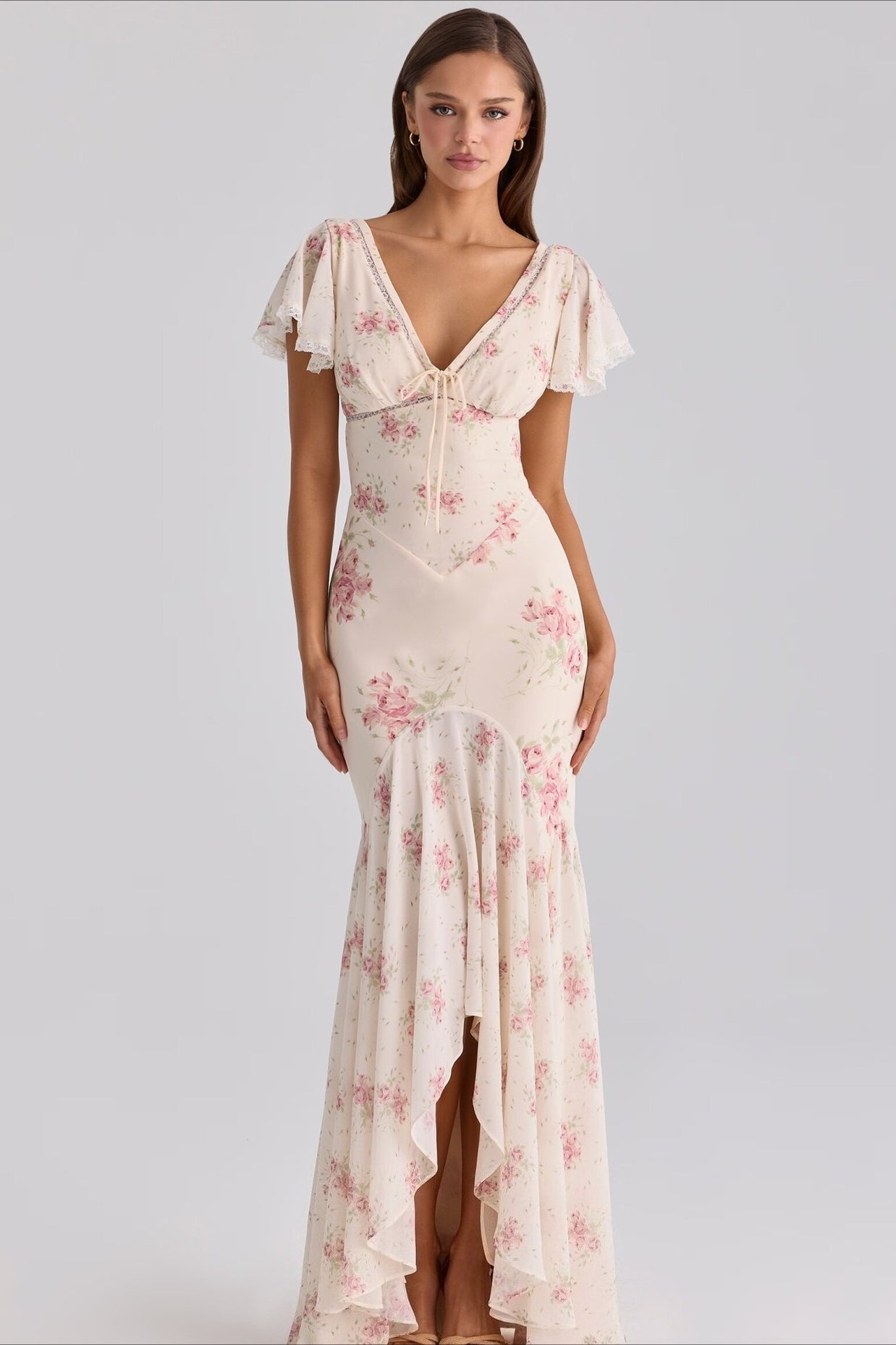 Mermaid V Neck Lace Panel Slim Long Floral Dress