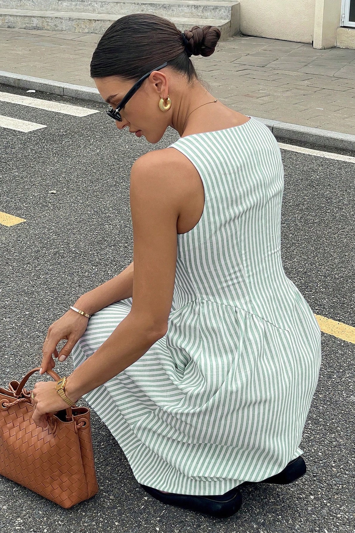 Square Neck Vertical Stripe Dropped Waist A Line Midi Dress 10