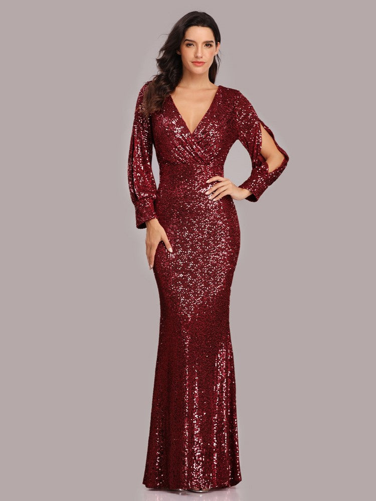 Elegant Long Sleeve Sequined Evening Dress