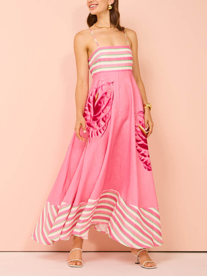Floral Print Paneled Charming Striped Suspender Mixi Dress Pink / S Dresses