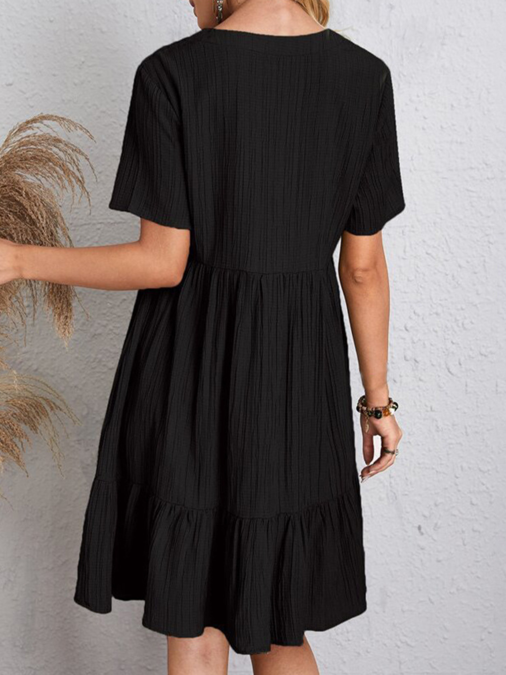 V-Neck Textured Short Sleeve Tiered Ruffle Hem Swing Mini Dress