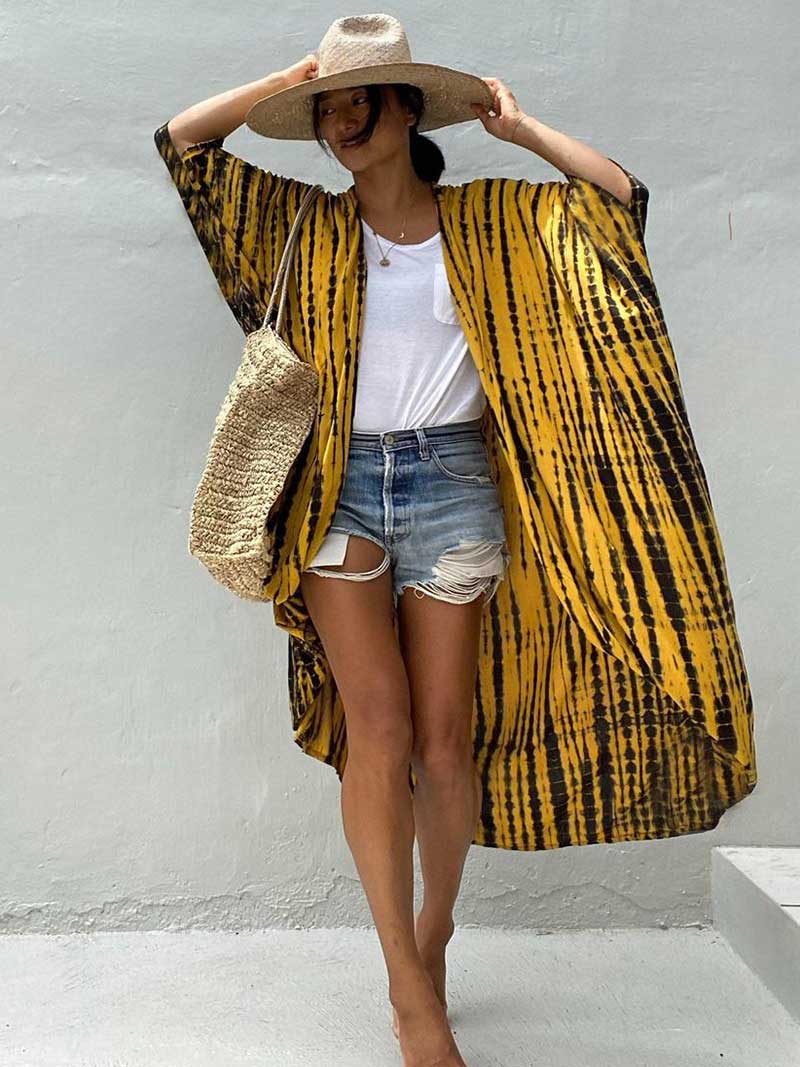 Tie-Dye Stripe Print Open Front Long Kimono Duster Robe 9