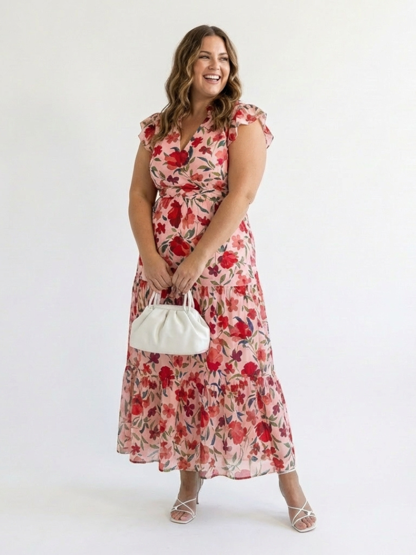 Split Neck Floral Print Ruffle Sleeve Tiered A-Line Maxi Dress