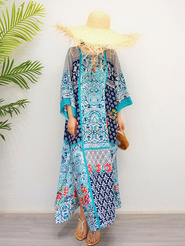 Blue Tie Neck Batwing Sleeve Boho Print Side Slit Kaftan Maxi Dress 3