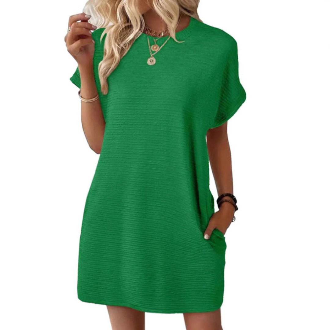 Round Neck Textured Cuffed Sleeve Pocket Shift Mini Dress