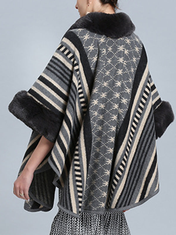 Faux Fur Collar Striped Aztec Print Cape Cardigan 6