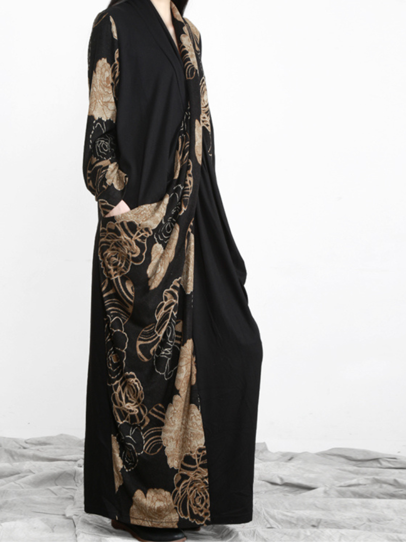Draped Wrap Front Floral Panel Long Sleeve Loose Maxi Dress 5