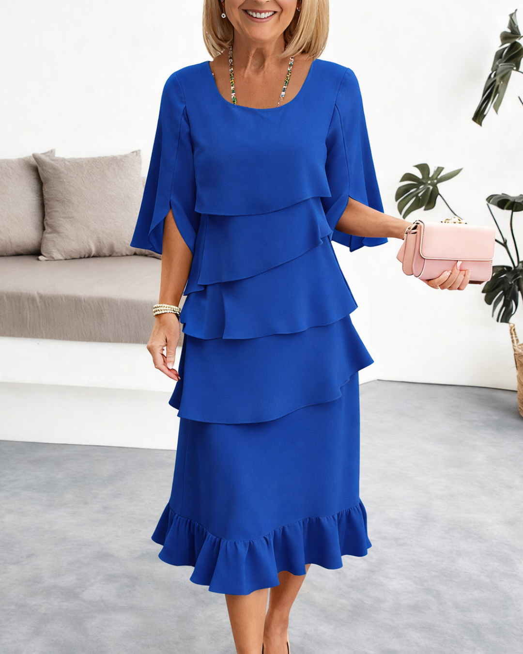 Round Neck Flutter Sleeve Tiered Ruffle Layered Midi Dress 7