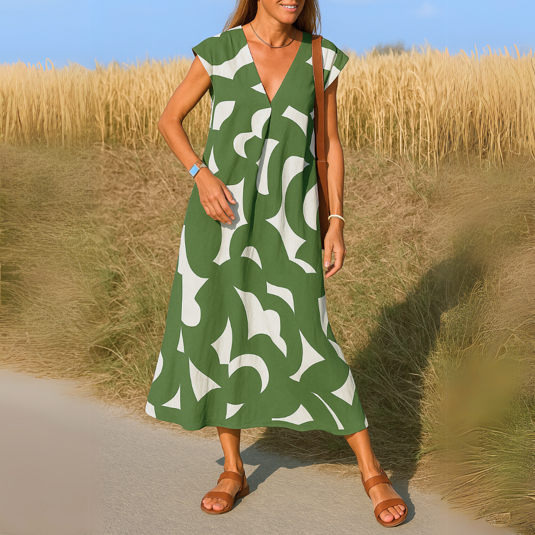 V-Neck Flutter Sleeve Geometric Print A-Line Maxi Dress